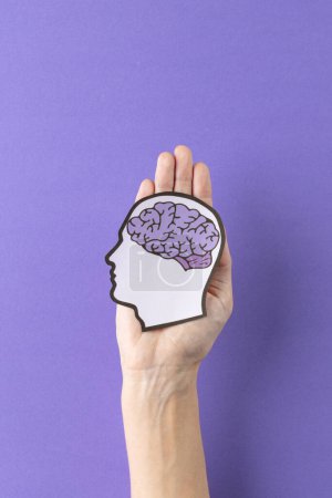 Foto de Vertical de las manos que sostienen la silueta de la cabeza con el cerebro púrpura sobre fondo púrpura, con espacio de copia. Servicios médicos, salud y conciencia de salud mental. - Imagen libre de derechos