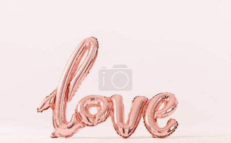 Photo for Metallic pale pink love text balloon on white background with copy space. Valentine's day, love, romance and celebration concept. - Royalty Free Image