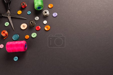 Photo for Composition of sewing equipment on black background with copy space. National craft month, sewing, craft and needlework concept. - Royalty Free Image