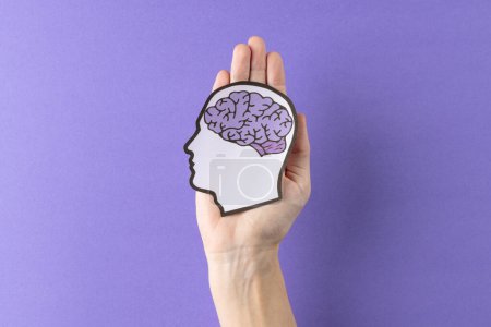 Foto de Composición de las manos sosteniendo la silueta de la cabeza con el cerebro púrpura sobre fondo púrpura, con espacio de copia. Servicios médicos, salud y conciencia de salud mental. - Imagen libre de derechos