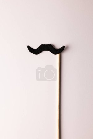 Photo for Composition of fake moustache on stick on white background with copy space. Fake moustache day, party, celebration and costume concept. - Royalty Free Image
