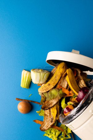 Téléchargez les photos : Image verticale de déchets alimentaires de fruits et légumes biologiques déversés par la poubelle de compostage de cuisine ouverte. Sur fond bleu avec espace de copie. Concept écologie, recyclage, soins et nature. - en image libre de droit