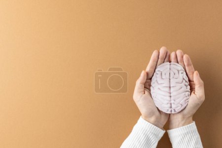 Téléchargez les photos : Composition des mains tenant le cerveau sur fond brun avec espace de copie. Services médicaux, soins de santé et sensibilisation à la santé mentale. - en image libre de droit