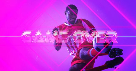 Photo for African american player jumping and kicking soccer ball over illuminated game over text and lines. Copy space, composite, sport, competition, shape, playing, match, the end and abstract concept. - Royalty Free Image