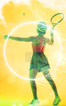 Photo for Digital composite of african american female tennis player practicing over neon and leaf pattern. Multiple exposure, copy space, serving, challenge, sport, aspirations, athlete, frame. - Royalty Free Image