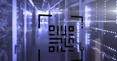 Photo for Image of glowing QR code with neon elements with computer servers in the background. Global online security data technology concept digitally generated image. - Royalty Free Image