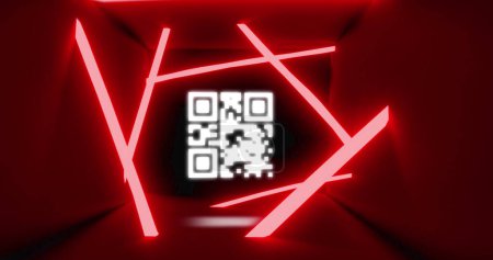 Téléchargez les photos : Image d'un QR code blanc scintillant avec des lignes rouges fluo sur fond rouge. Interface d'information concept informatique numérique image générée numériquement. - en image libre de droit