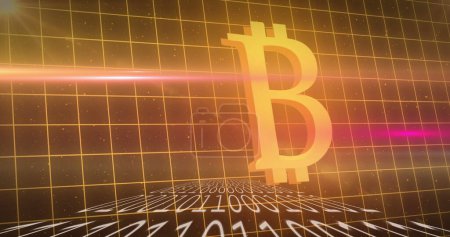 Photo for Image of binary coding processing over gold bitcoin symbol on grid in the background. Global finance business cryptocurrency market concept digitally generated image. - Royalty Free Image