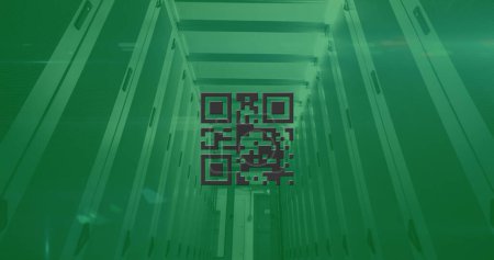 Photo for Image of glowing green QR code with neon elements and computer servers on green background. Global online security data technology concept digitally generated image. - Royalty Free Image
