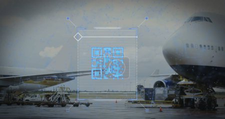 Foto de Imagen de un código QR azul sobre un avión despegando en el fondo imagen compuesta digital - Imagen libre de derechos