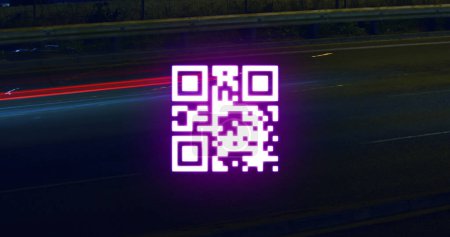 Photo for Image of glowing pink QR code with neon elements flashing on black background. Global online security data technology concept digitally generated image. - Royalty Free Image