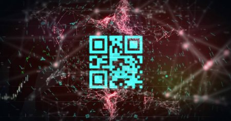 Photo for Image of a blue QR code with webs of connection over a blue graph appearing on red background. Digital composite image - Royalty Free Image