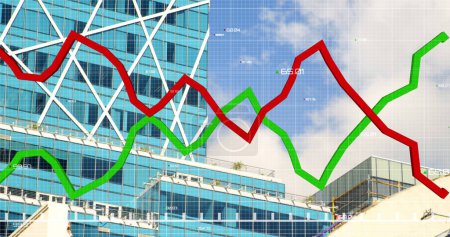 Photo for Image of financial data processing with red and green lines over modern building in the background. Global business finance housing market concept digital composite. - Royalty Free Image