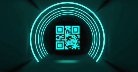 Photo for Image of flickering green QR code with green neon circles on green background. Information interface digital computer technology concept digitally generated image. - Royalty Free Image