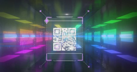 Photo for Image of digital interface QR code, biometric fingerprint being scanned with moving neon tunnel in the background. Global technology online security concept digitally generated image. - Royalty Free Image