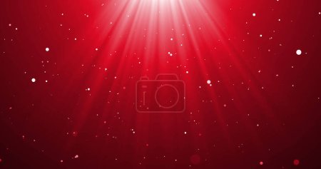 Image of falling confetti and light rays over red background. Background, lights and movement concept digital generated image.