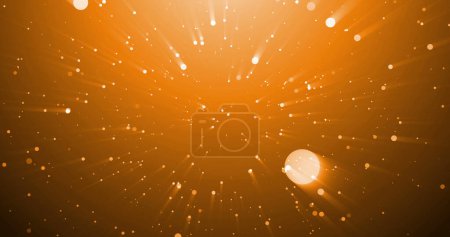 Téléchargez les photos : Image de confettis tombant et de rayons lumineux sur fond orange. Contexte, lumières et concept de mouvement image numérique générée. - en image libre de droit