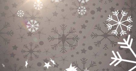 Foto de Múltiples estrellas y copos de nieve iconos flotando y punto de luz sobre fondo gris. navidad festividad y celebración vector ilustración concepto - Imagen libre de derechos