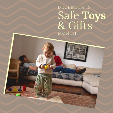 Foto de Imagen cuadrada de regalos seguros y texto de juguetes con padres caucásicos y bebé sobre fondo gris. Guardar regalos y juguetes campaña. - Imagen libre de derechos