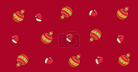 Photo for Image of multiple christmas hat and bauble on red background. christmas, winter, tradition and celebration concept digitally generated image. - Royalty Free Image
