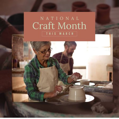 Photo for Composition of national craft month text over caucasian male and female potters in workshop. National craft month, craftsmanship and small business concept. - Royalty Free Image