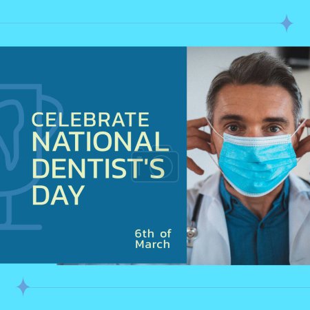 Téléchargez les photos : Composition de la journée nationale du dentiste et du dentiste masculin masqué. Journée nationale des dentistes, concept de dentisterie et de soins dentaires. - en image libre de droit