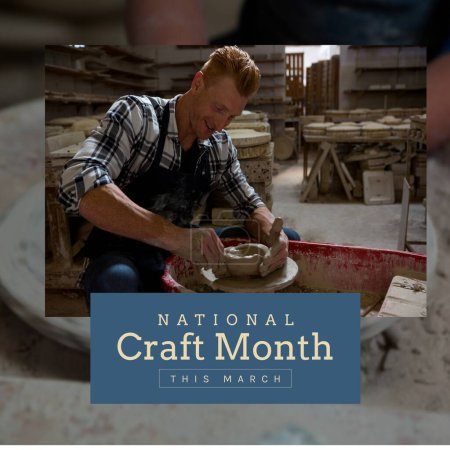 Photo for Composition of national craft month text over caucasian male potter in workshop. National craft month, craftsmanship and small business concept. - Royalty Free Image