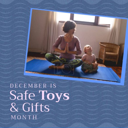 Foto de Imagen cuadrada de regalos seguros y texto de juguetes con madre caucásica y foto del bebé sobre fondo azul. Guardar regalos y juguetes campaña. - Imagen libre de derechos