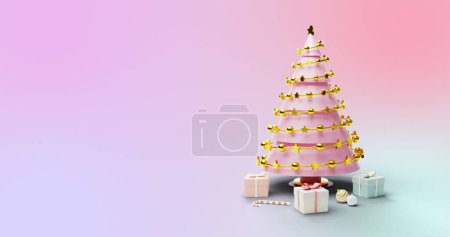 Téléchargez les photos : Image de l'arbre de Noël filant et présente sur fond rose dégradé. Noël, fête, célébration et concept de tradition image générée numériquement. - en image libre de droit