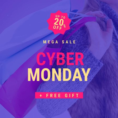 Photo for Square picture of cyber monday discounts up to 60 percent text over woman with paper bags. Cyber monday and retail campaign. - Royalty Free Image