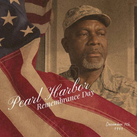 Photo for Pearl harbor remembrance day, december 7th, 1941 with flag of america over african american soldier. Digital composite, text, contemplation, military, memorial, remembrance, war, honor, patriotism. - Royalty Free Image