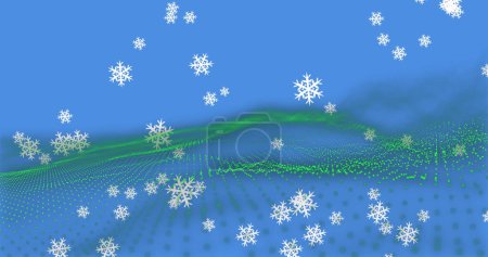Foto de Múltiples iconos de copos de nieve cayendo sobre la onda digital verde sobre fondo azul. tecnología de fondo con concepto de textura abstracta - Imagen libre de derechos