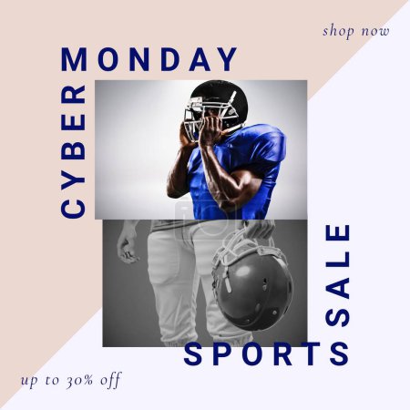 Foto de Imagen del lunes cibernético sobre jugadores de fútbol afroamericanos. Deporte, fútbol americano, compras en línea y concepto de ventas. - Imagen libre de derechos