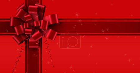 Image of snow falling over ribbon on red background. christmas, tradition and celebration concept digitally generated image.