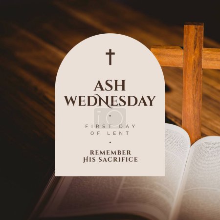 Photo for Image of ash wednesday over wooden background with cross and bible. Religion, christianity, eaaster and celebration concept. - Royalty Free Image