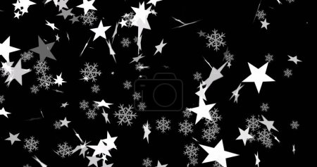 Foto de Imagen digital de múltiples estrellas e iconos de copos de nieve flotando sobre fondo rojo. navidad festividad y celebración vector ilustración concepto - Imagen libre de derechos