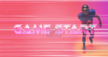Photo for Composite of game start text with glitch technique and american football player with ball. Copy space, pink, beginning, sport, competition, match, illustration and abstract concept. - Royalty Free Image