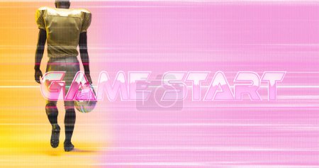 Photo for Composite of game start text and rear view of american football player holding helmet, copy space. African american, sport, competition, illustration, beginning, abstract and match concept. - Royalty Free Image