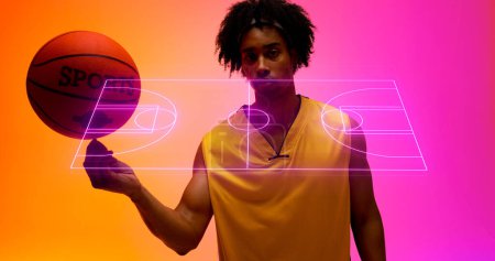 Photo for Portrait of biracial male player spinning ball on finger over illuminated basketball court. Copy space, composite, sports field, sport, competition, illustration, glowing, shape and abstract concept. - Royalty Free Image