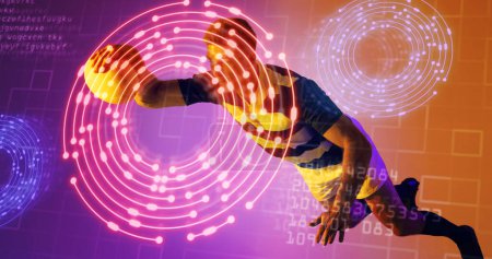 Photo for Caucasian rugby player with ball jumping over computer language, grid pattern and circles. Composite, sport, competition, playing, match, illuminated, machine learning, timer and abstract concept. - Royalty Free Image
