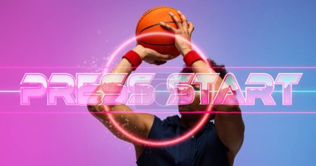 Photo for Composite of press start text with circle over biracial male player taking shot with basketball. Copy space, beginning, push button, playing, sport, competition, match, illustration and abstract. - Royalty Free Image