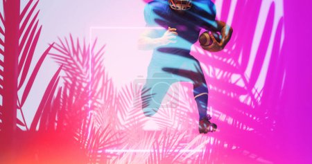 Photo for American football player with ball running by illuminated square and pink plants, copy space. Digital composite, sport, competition, illustration, glowing, nature, shape and abstract concept. - Royalty Free Image