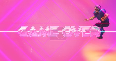 Photo for Composite of game over text with stripes and american football player with ball on pink background. Copy space, the end, sport, competition, match, illustration and abstract concept. - Royalty Free Image