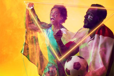 Photo for Geometric neon over african american fans with flags celebrating success during soccer match. Digital composite, yellow background, england flag, brazil flag, sport, cheering, spectator, victory. - Royalty Free Image
