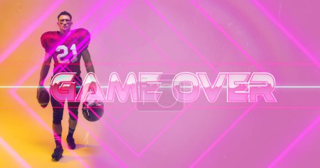 Photo for Composite of american football player with ball and helmet standing by game over text on pink lines. Copy space, the end, sport, competition, match, illustration and abstract concept. - Royalty Free Image
