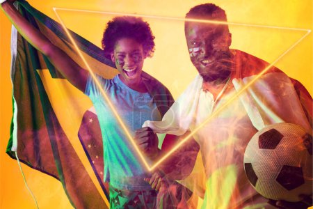 Photo for Geometric neon over cheerful african american fans with flags painted on cheeks during soccer match. Digital composite, yellow background, england flag, brazil flag, sport, spectator, love, success. - Royalty Free Image