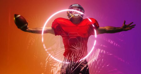 Photo for Composite of american football player with arms outstretched by illuminated circle and plants. Copy space, ball, helmet, cheerful, sport, competition, illustration, glowing, nature, shape, abstract. - Royalty Free Image
