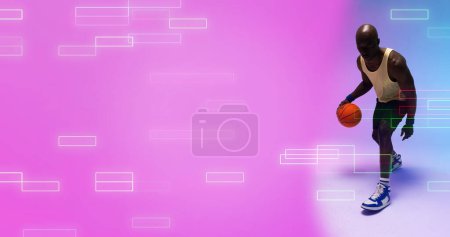 Photo for African american bald basketball player dribbling ball with illuminated boxes on abstract background. Copy space, composite, sport, competition, illustration, glowing and shape concept. - Royalty Free Image
