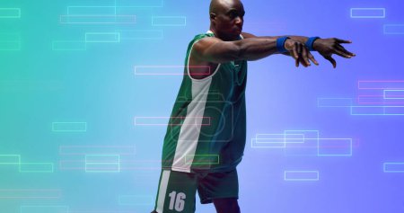 Photo for Composite of bald african american basketball player stretching arms over illuminated rectangles. Blue, copy space, sport, competition, illustration, exercise, shape and abstract concept. - Royalty Free Image