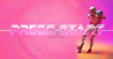 Photo for Composite of press start text and american football player playing with ball on pink background. Copy space, sport, competition, illustration, glowing, beginning and push button concept. - Royalty Free Image